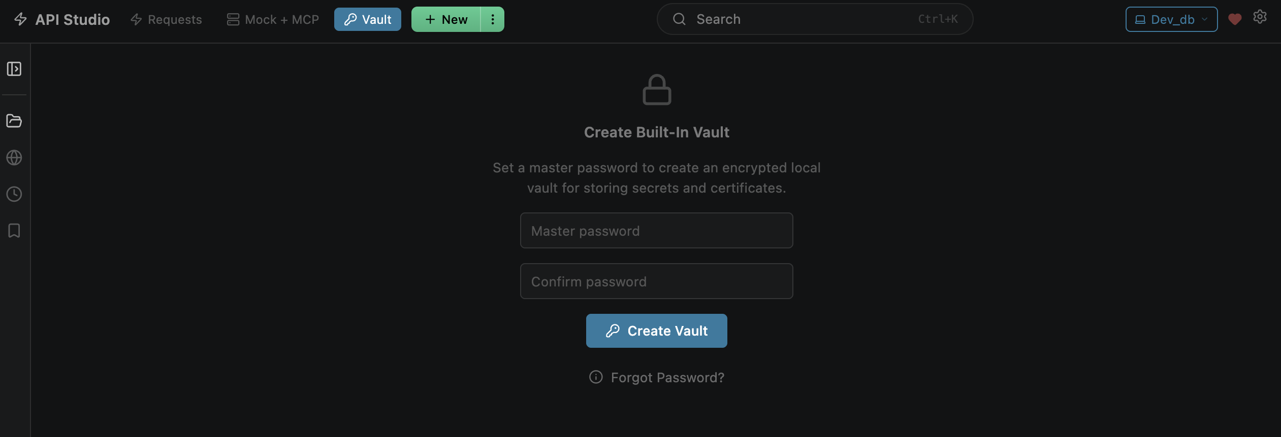 Create vault screen with master password setup